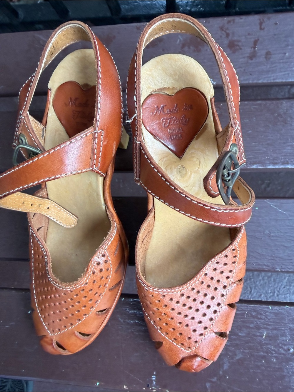 Made in Italy Tan Leather Peep-Toe Women’s Sandals Vintage 70’s